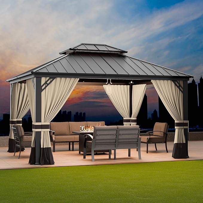12' x 14' Hardtop Gazebo,Outdoor Permanent Pavilion Double Galvanized Steel Roof Pergola with Nettings and Curtains,Patio Sunshade Gazebos for Patio Lawns Backyard Deck,Brown