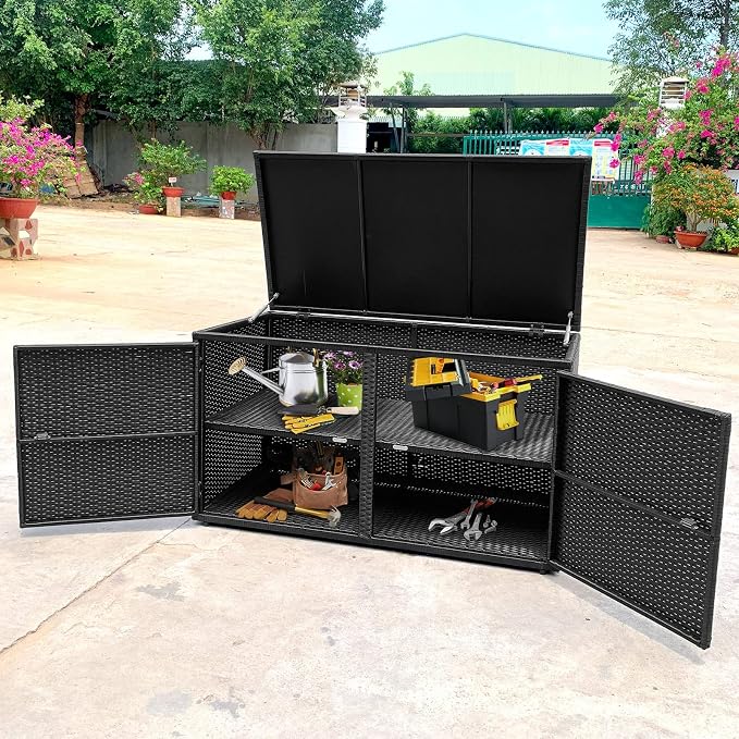 Tangkula Outdoor Wicker Storage Box, Garden Deck Bin with Steel Frame, Rattan Storage Box with Lid, Ideal for Storing Tools, Accessories, 88 Gallon Capacity (Black)