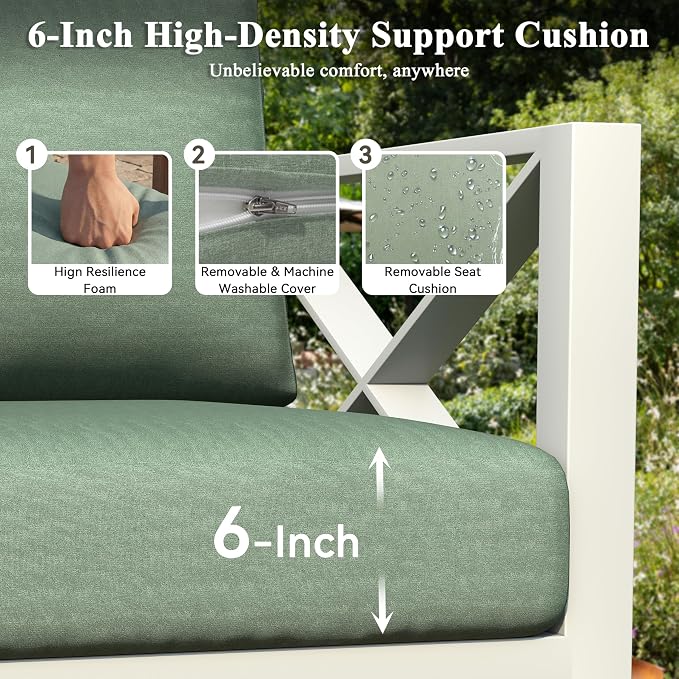 Aluminum Patio Furniture Set, Modern Outdoor Patio Conversation Sets with Ergonomic Loveseat, 6" Thick Washable Cushions for Balcony, Porch, Backyard,White