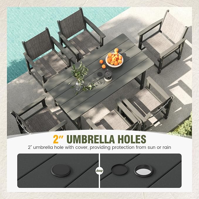 UDPATIO HDPE Outdoor Dining Set Patio Furniture Heavy Duty | Table Easy to Assembly Umbrella Hole All-Weather for Pool Garden Backyard Indoor Kitchen Light-grey