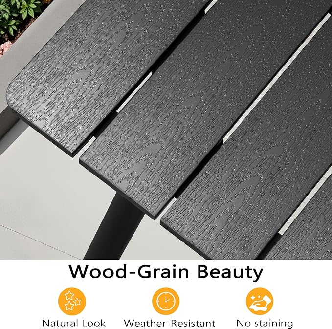 7-Piece Outdoor Dining Set for 6 Person with Black Wood-Grain Top | Armrest Stackable Chairs with 19.4" Seat Depth, Aluminum Frame Dining Furniture with Umbrella Hole for Deck, Porch & Backyard