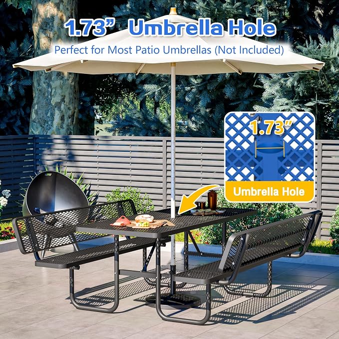 72" Heavy-Duty Iron Mesh Picnic Table Set with Backrest Blue | 1.73'' Umbrella Hole, Commercial-Grade Outdoor Table for Patio, Garden or Park–Rust-Resistant, Heat-Proof, All-Season Use