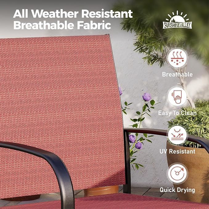 SUNSHINE VALLEY 7 Piece Patio Dining Set for 6, 64”Rectangular Wood-Like Dining Table with Umbrella Hole, 6 Metal Red Chairs, Outdoor Table and Chairs Set for Lawn Backyard and Deck