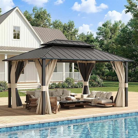 UDPATIO 12'x16' Permanent Hardtop Gazebo with Galvanized Steel Double Roof for Patio Backyard Garden, Curtains and Netting Included, Beige