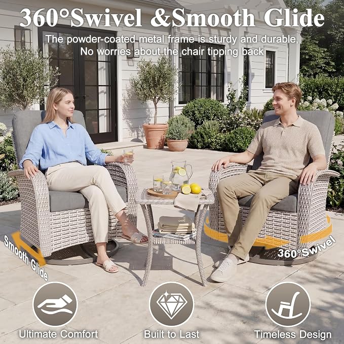 Patio Wicker Chairs Swivel Rocker, Outdoor Swivel Glider Rocker Chairs with Rattan Side Table, All Weather Conversation Set for Porch Poolside Balcony,Gray