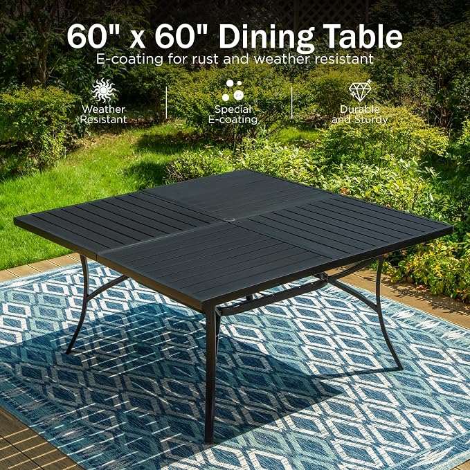 PHI VILLA Patio Dining Set for 8 Person, Large Slat Metal Square Table with Umbrella Holes and 8 High Back Fixed Chairs All Weather Patio Furniture Set for Outdoor Deck Garden