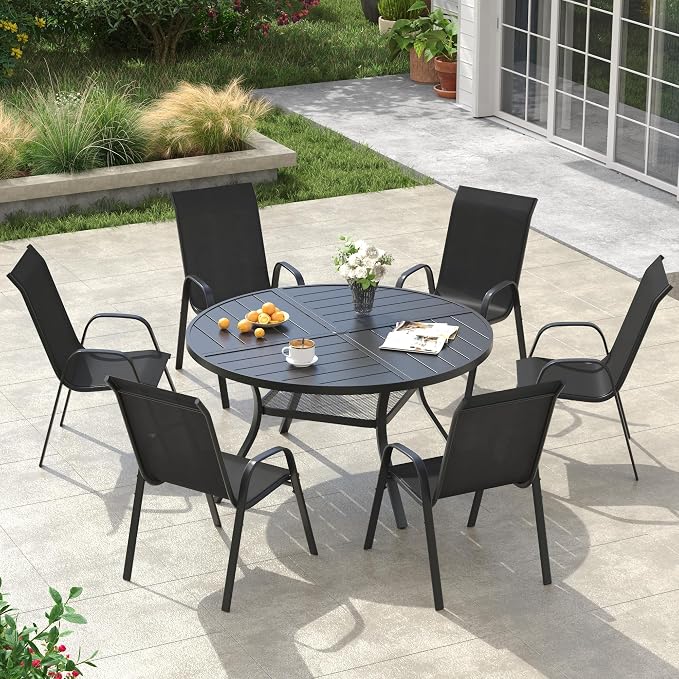 VICLLAX Round Outdoor Patio Dining Set for 6, Metal Slatted Patio Table with Umbrella Hole and 6 Stackable Patio Chairs for Deck Lawn Garden, Black Fabric and Black Tabletop