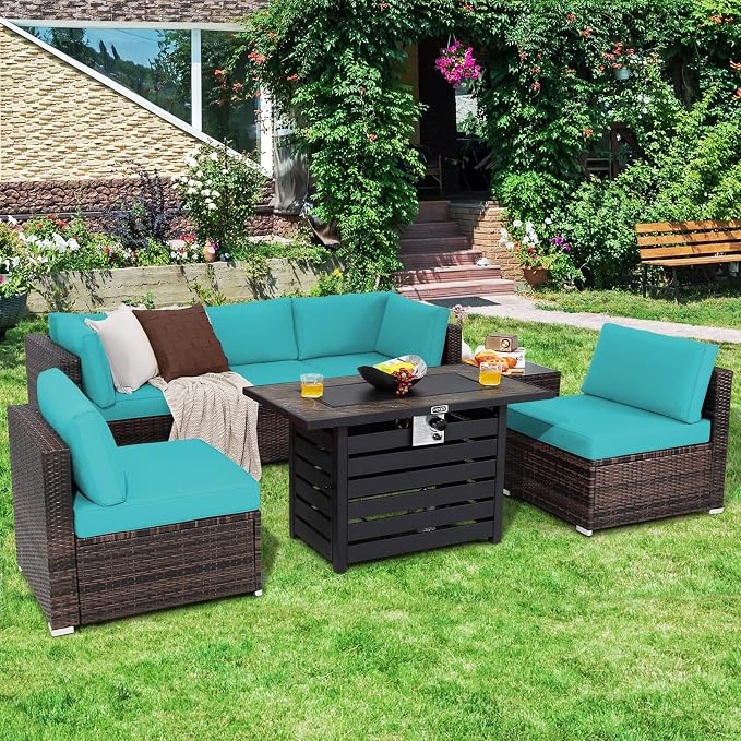 Tangkula 7-Piece Outdoor Patio Furniture Set with 42" Propane Fire Pit Table, Outdoor Wicker Conversation Set with Cushions and Tempered Glass Coffee Table, 50,000 BTU Gas Fire Pit Table (Turquoise)