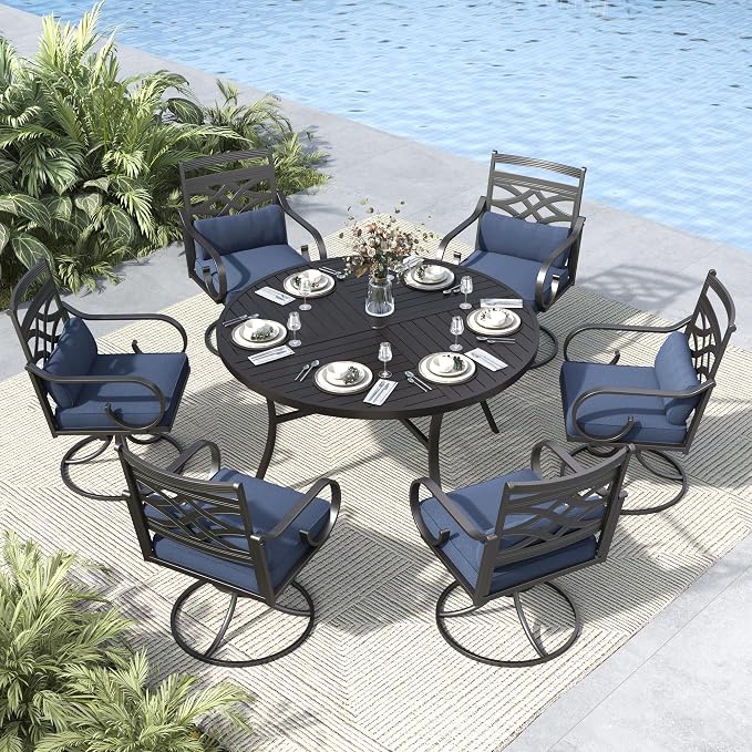 MFSTUDIO 7-Piece Patio Dining Set, 54" Round Metal Table, Swivel Chairs | Umbrella Hole, Blue