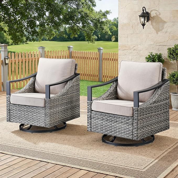 Outdoor Swivel Rocker Patio Chairs-High Back Wicker Swivel Rocker Patio Chairs Set of 2,PE Wicker Chair Outdoor Patio Furniture Sets with Covered Cushions for Porch Balcony Deck Grey/Beige