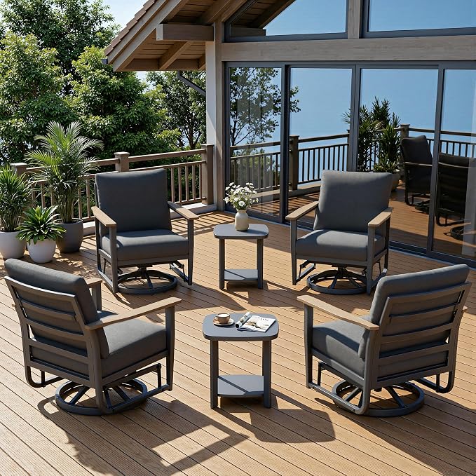 6-Piece Aluminum Patio Rocking Swivel Chair Outdoor Bistro Set, Patio Conversation Set Outdoor Patio Furniture Set with High Backrest & Thickened Cushions for Garden, Deck and Balcony, Dark Grey