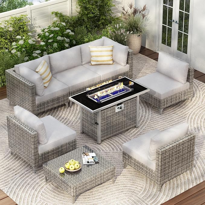 VilroCaz 8-Piece Outdoor Patio Furniture Set, Wicker Sectional Sofa wThick Seat Cushions, All-Weather Conversation Sofa Sets with Coffee Table for Outdoor Couch, Porch, Backyard (Grey-8C)