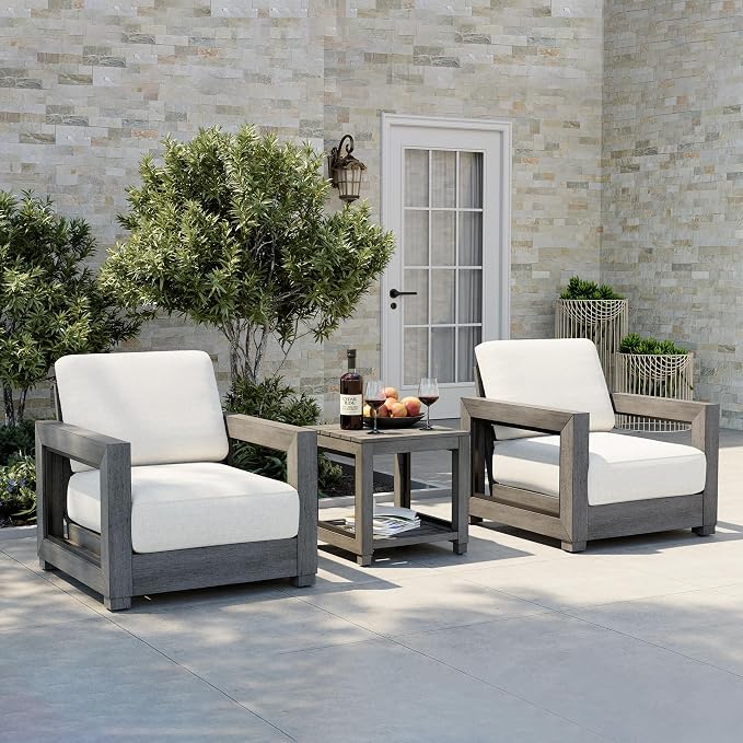 HAPPATIO Extra Large Size Patio Bistro Set, Aluminum Modern Patio Furniture Set Outdoor 3 Pieces with Side Table, 7" Thick Water-Repellent Cushion for Outdoor, Backyard, Poolside, Grey