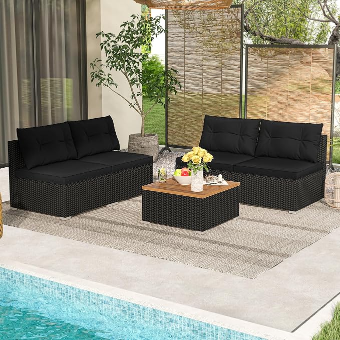 5 Pieces Patio Furniture Set, Outdoor Sectional Sofa with Acacia Wood Coffee Table & Cushions, Wicker Patio Conversation Set for Porch, Deck, Balcony, Poolside & Backyard (Black)