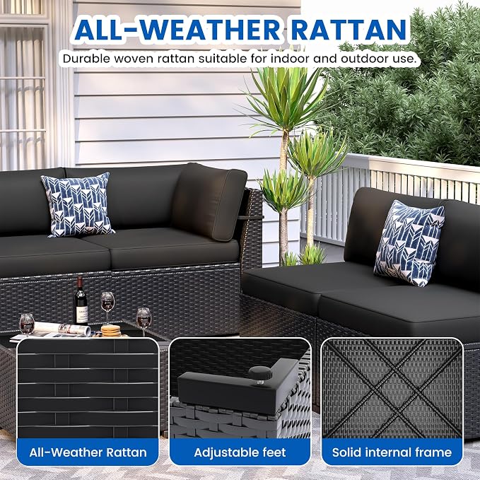8 Piece Patio Furniture Set with 44” Fire Pit Table All-Weather Wicker Conversation Sectional Sofa & Coffee Table with Thickened Cushions for Backyard, Garden(Black)