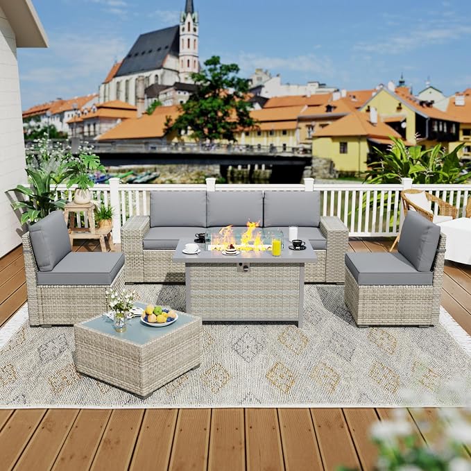 7 Piece Patio Furniture Set, 8" Wide Arm Sectional Sofa Set with 50000 BTU Propane Fire Pit Table & Coffee Table, Rattan Outdoor Conversation Set for Garden, Porch, Lawn, Gray