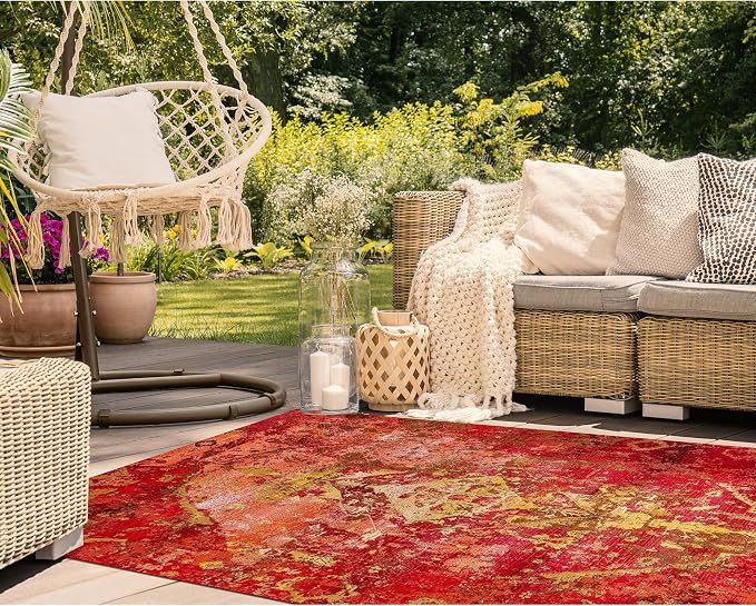 Liora Manne Marina Indoor/Outdoor Power Loomed Synthetic Blend Low Profile Area Rug - Traditional Medallion Casual Colorful (Kermin Saffron) (8'10" x 11'9")