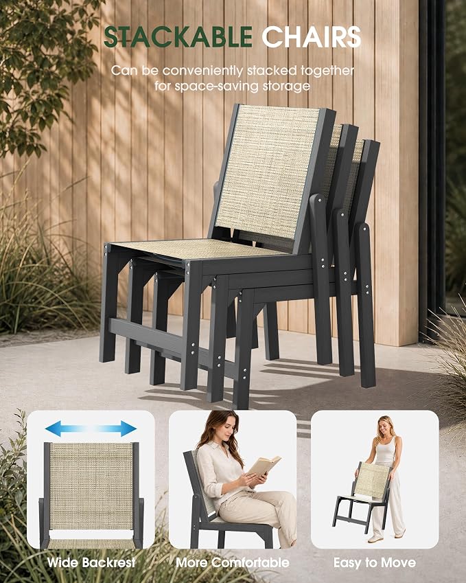 HDPE Outdoor Patio Dining Set with Table & 6 Stackable Armless Textilene Chairs, All-Weather 7-Piece Dining Table Set with Umbrella Hole, Patio Furniture for Garden, Poolside, Backyard, Deck | Grey
