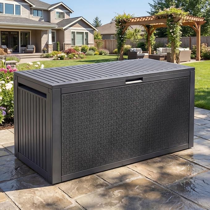 YITAHOME 95 Gallon Outdoor Storage Deck Box, Waterproof Resin Deck Box w/Handles, Lockable Outdside Deck Box for Patio Furniture, Garden Tools, Lockable & UV Resistant(Dark Gray)