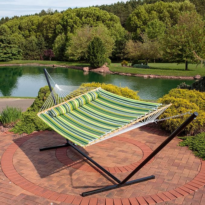 Sunnydaze Quilted Double Hammock with Stand for Outside - 400-Pound Capacity 2-Person Hammock with Stand - 15-Foot Stand - Melon Stripe