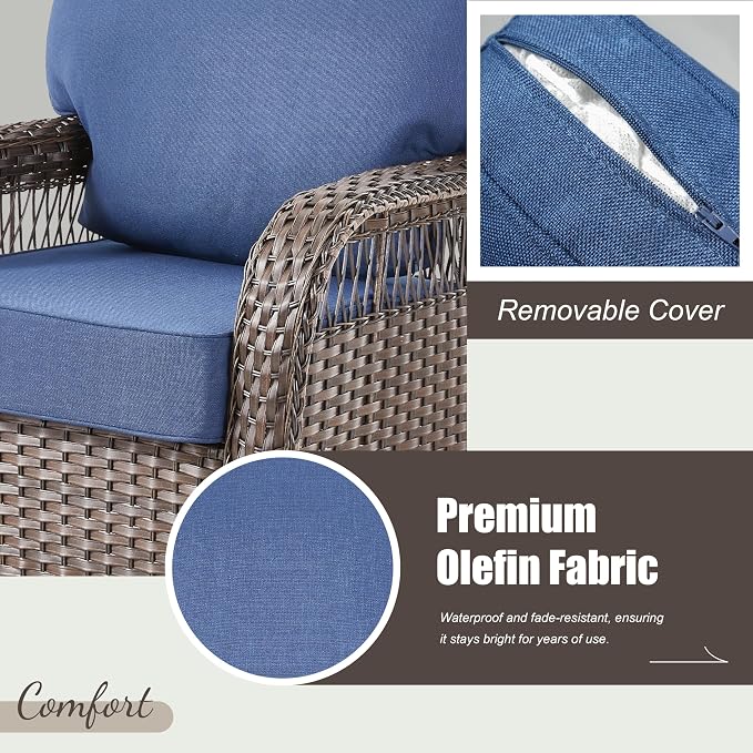 5 PCS Patio Furniture Set Outdoor Sectional Sofa Couch with Rocking Swivel Chairs 5" Deep Seat Chairs, Modern Wicker Rattan Conversation Set, Blue/Brown Wicker