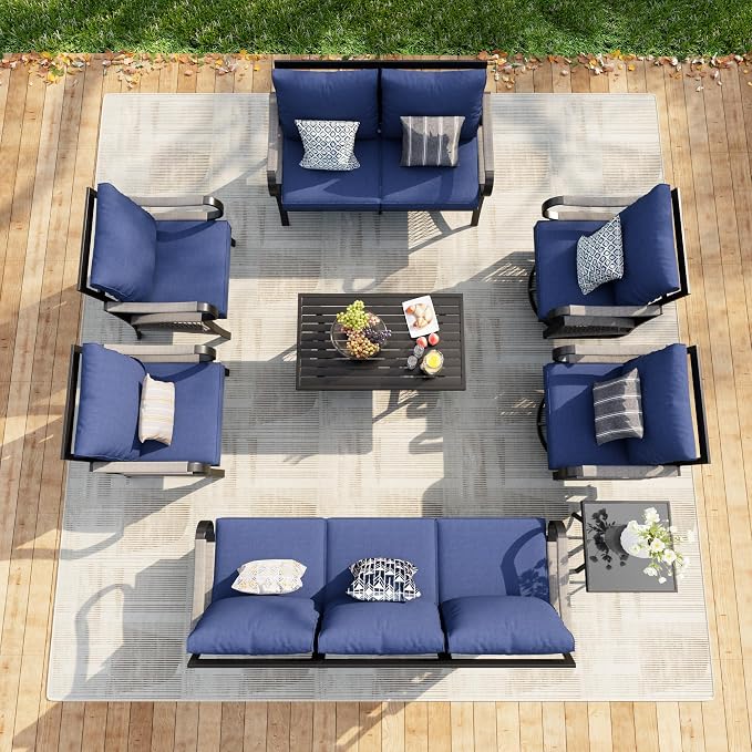 8 Pieces Modern Patio Furniture Set, All Weather Metal Outdoor Conversation Sets with 5.1" Extra Thick Cushion for Backyard Garden Deck Porch Poolside, Blue
