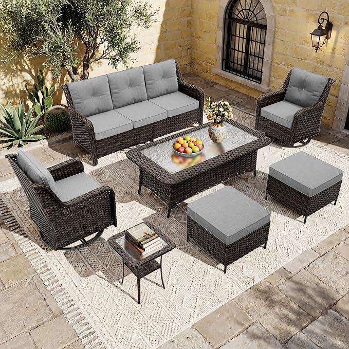 Outdoor Patio Furniture Set,7 Pieces 7 Seats Outdoor Sectional Furniture All Weather Thick PE Rattan Wicker Patio Conversation Set with Ottoman & Coffee Table,Swivel Rocking Chairs Set,Grey