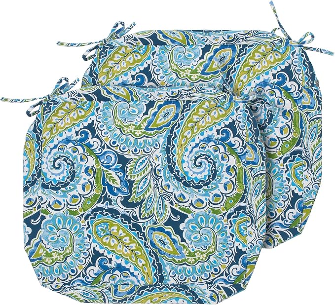 Magpie Fabrics Indoor Outdoor Cushion Cover Replacement 2 Pack, NO Insert! Water Repellent Slipcover with Ties Decor for Patio Garden Chair Sofa Bench Wicker(Paisley Lapis Green, 24x22x4 Inch)