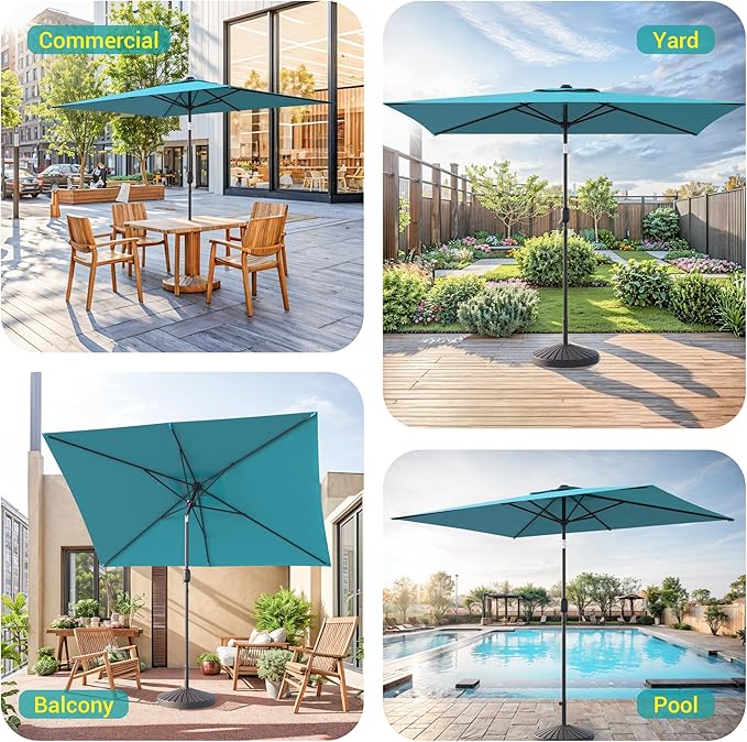 Rectangle Patio Umbrella with Solar Lights, 10 x 6.5ft Rectangular Outdoor Umbrella Table Market Patio Umbrella with Push Button Tilt and Crank for Garden, Deck, Backyard, Pool