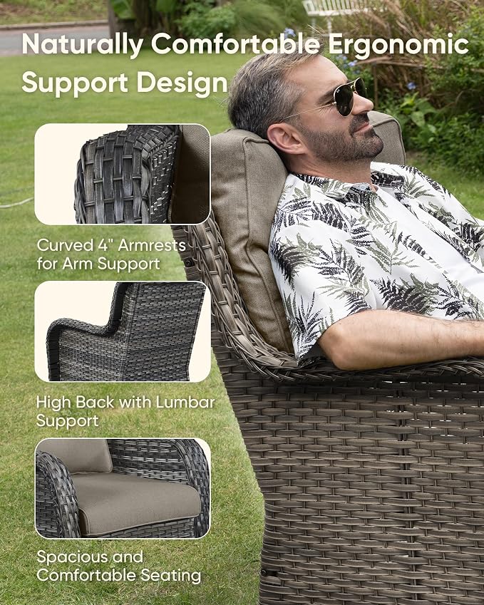 HUMMUH 10 Pieces Patio Furniture Set with Fire Pit High Back Wicker Outdoor Furniture Set Swivel Rocker Chairs 3-Seater Couch for Porch,Deck,Backyard