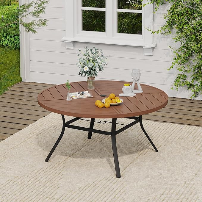 VICLLAX Outdoor Table and Chairs Set for 6, Patio Dining Set of 50 Metal Round Patio Table with Umbrella Hole & 6 Swivel Outdoor Dining Chairs for Backyard Lawn, Mixed Brown & Walnut