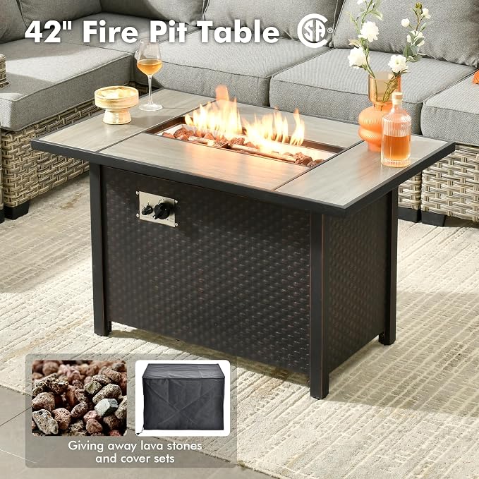 Weaxty 9 Pieces Wide Seats Outdoor Furniture Set, Sectional Couch Swivel Rocking Chair Ottoman Fire Pit Table, Thick Cushion All-Weather Rattan Patio Conversation Sets for Backyard Deck, Dark Gray