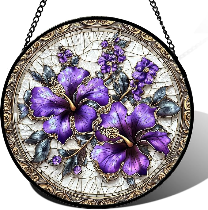 DASTOLL Stained Glass Window Hanging, Purple Flowers Romantic Suncatcher for Doors Home Sun Catchers Decoration and Christmas, Mother's Day Birthday Gifts for Women, Men, and Mom 14.9x14.9 in