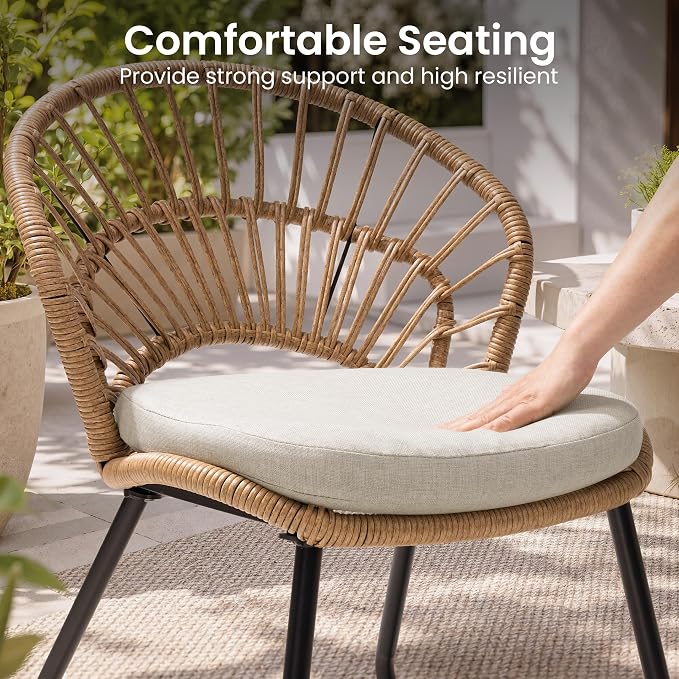 Boho Patio Dining Chairs Set of 4, Hand-Woven Rattan Outdoor Chair | Shell Shaped Back with 2.6” Beige Cushion, Sled Metal Frame Patio Side Chairs for Garden Backyard Porch
