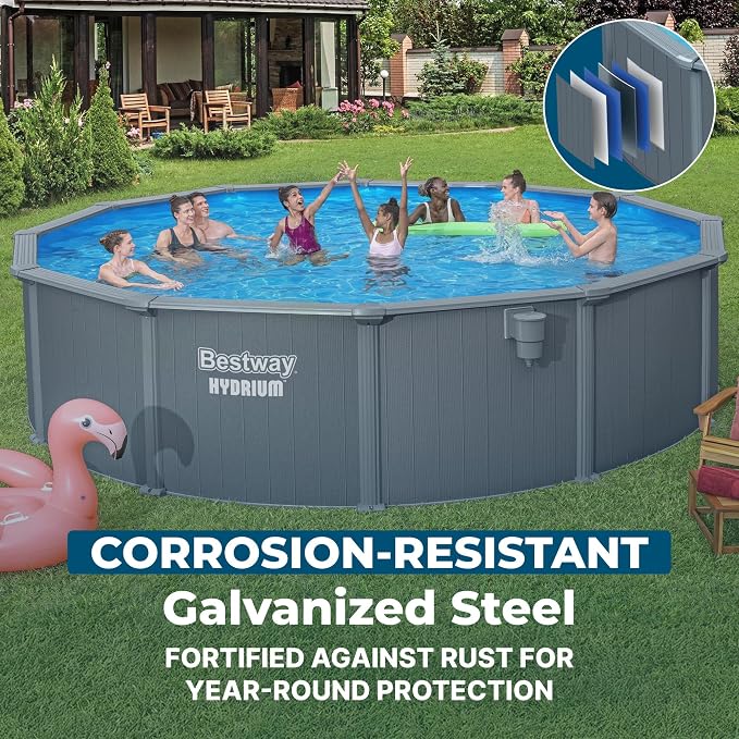 Bestway Hydrium 18' x 52" Above Ground Pool, Round Steel Side Wall Frame Outdoor Swimming Pool Set with Sand Filter Pump, Polysphere Filtration Balls, Ladder & Accessories