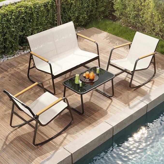 Ahomly Outdoor Patio Furniture Set 4 Pieces, Conversation Textilene Fabric Chairs with Coffee Table Rocking Chairs Bistro Set for Backyard, Poolside, Porch (White)