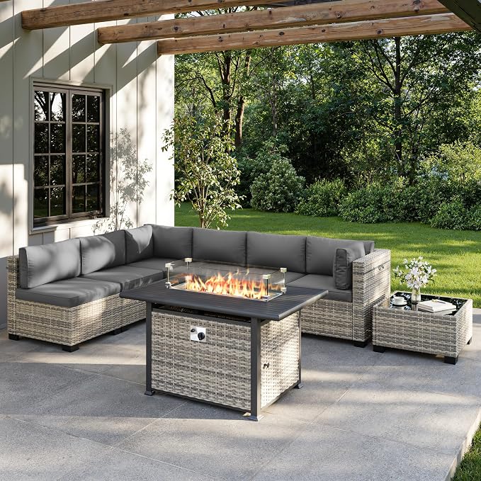 8-Piece Outdoor Patio Furniture Set with 55,000 BTU Fire Pit Table, PE Wicker Rattan Sectional Sofa Conversation Set - All-Weather Garden, Backyard Furniture, Grey