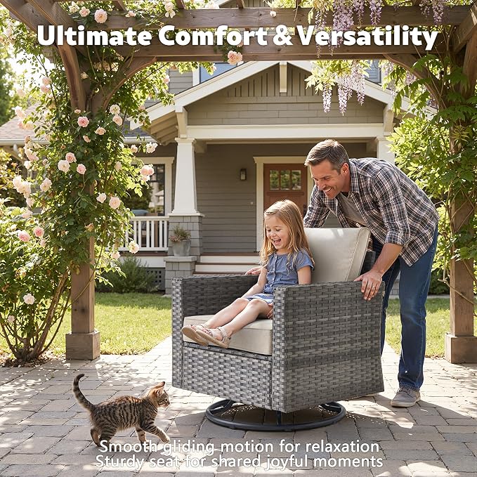 CAODOC 7-Piece Outdoor Wicker Patio Set with 7 Seats, Including 53" Fire Pit - Swivel Rocker Chairs and Conversation Set for Backyard or Lawn, Gray Rattan with Waterproof Beige Cushions