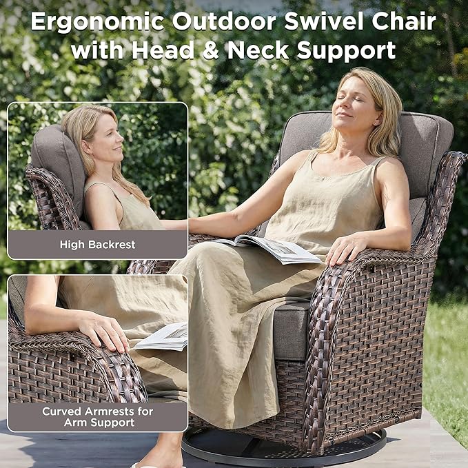 Luxury 7 Pieces Outdoor Patio Furniture Set-All Weather Wicker Outdoor Furniture with Swivel Rocker Patio Chairs 6-inch Extra Thick Cushions Wicker Conversation Set for Garden Porch(Brown/Grey)