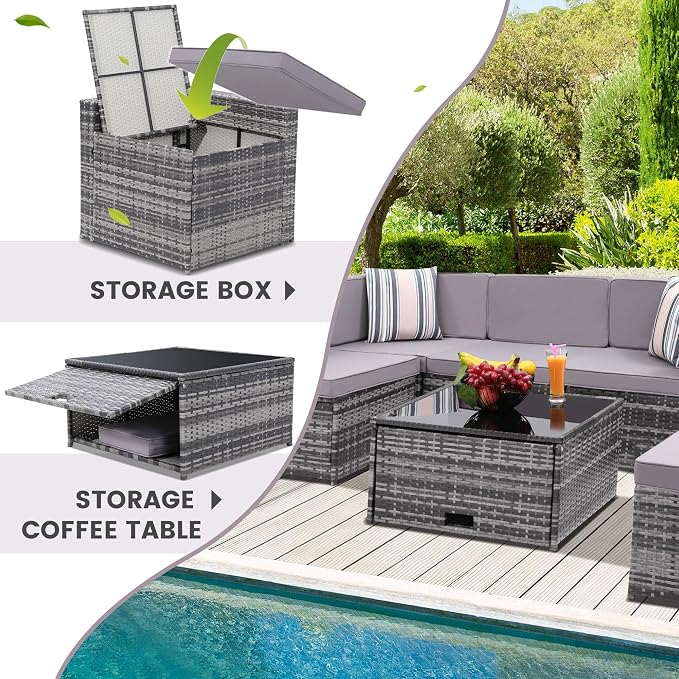 KROFEM 8 Piece Patio Furniture Set, Outdoor Modular Conversation Set, Grey | UV Treated Wickers, Machine Washable Cushions, Seats 6, 2 Hidden Storage Compartments, Rustproof Frame, Waterproof
