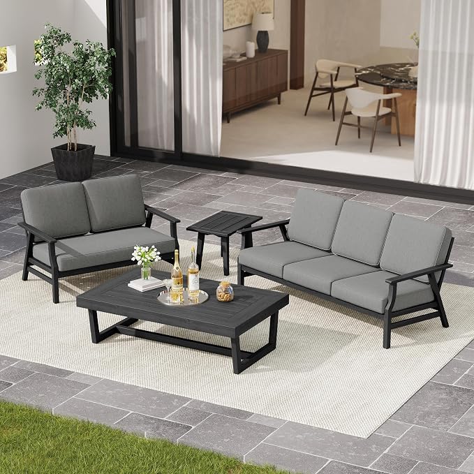 3 Pieces Patio Furniture Sets, Black Wood Outdoor Sectional Furniture with Coffee Table, 5 Seats Patio Sofa Couch Conversation Set for Backyard Deck - Gray