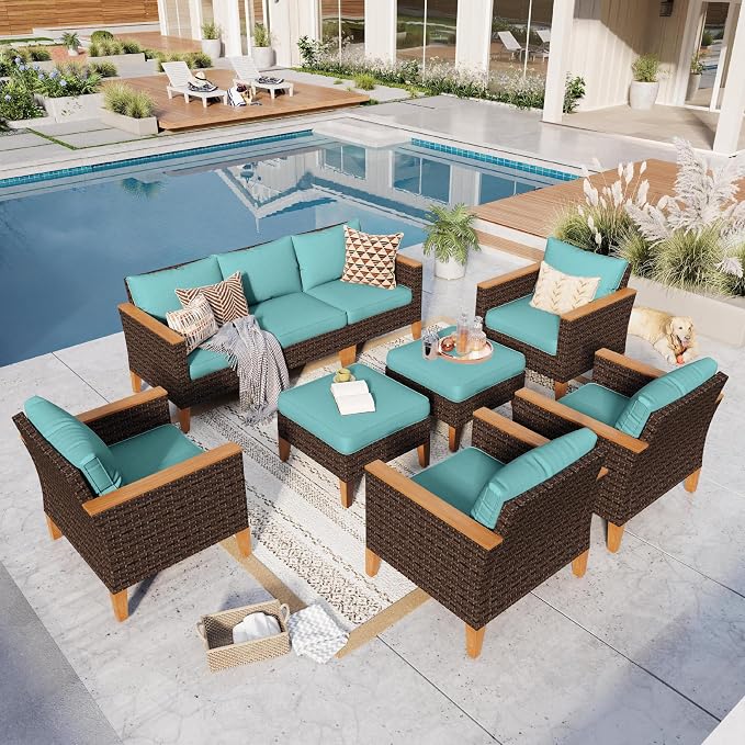 GREEN PARTY 9 Pieces Wicker Patio Furniture Set, All-Weather Outdoor Rattan Patio Sectional Sofa Conversation Set with 4" Thick Cushions for Garden, Backyard, 2 x Ottomans (Blue)