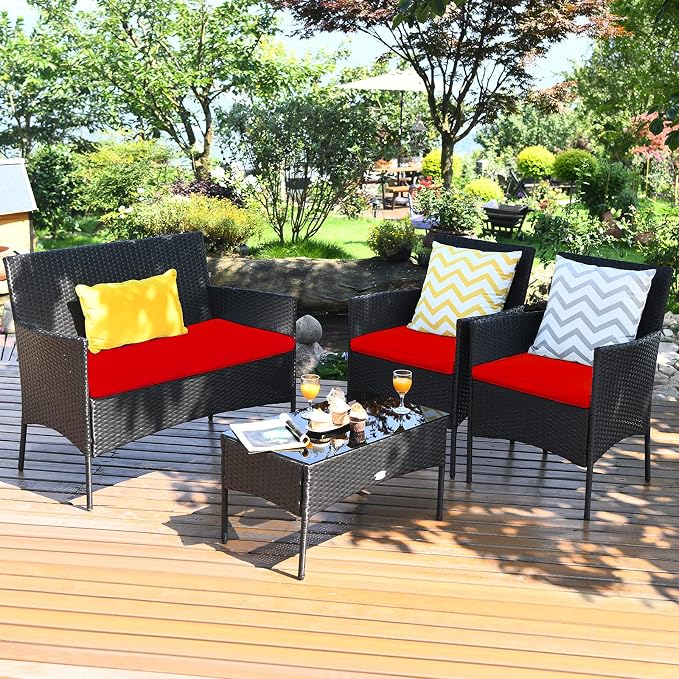 Tangkula 4 Piece Patio Furniture Set, Outdoor Wicker Conversation Set with Tempered Glass Coffee Table, Rattan Loveseat & Chairs Set with Seat Cushions for Backyard, Garden, Poolside (1, Red)