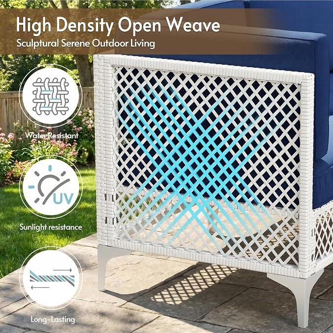 7-Pcs Outdoor Sofa with Thick Cushion, Lightweight Patio Sectional with Effortless Assembly, Space-Saving Outdoor Furniture Set & Easy-Clean Open Weave Wicker for Backyard, Garden (Navy Blue)
