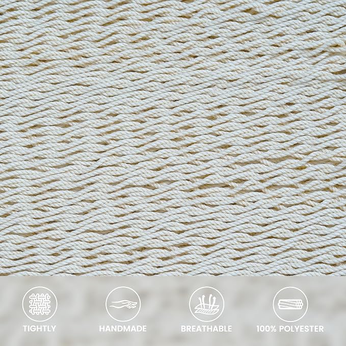 Lazy Daze Hammocks 10.5 FT Double 2 Person Caribbean Rope Hammock, Hand Woven Polyester Hammock with Spreader Bars, for Outside Outdoor Backyard Patio Poolside, 450 LBS Capacity, Cream
