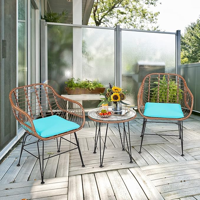 COSTWAY 3 Pieces Patio Bistro Set, Outdoor Rattan Conversation Seating Chair Set with Coffee Table & Soft Cushions, Indoor Wicker Furniture Set for Garden, Balcony, Porch, Pool, Turquoise