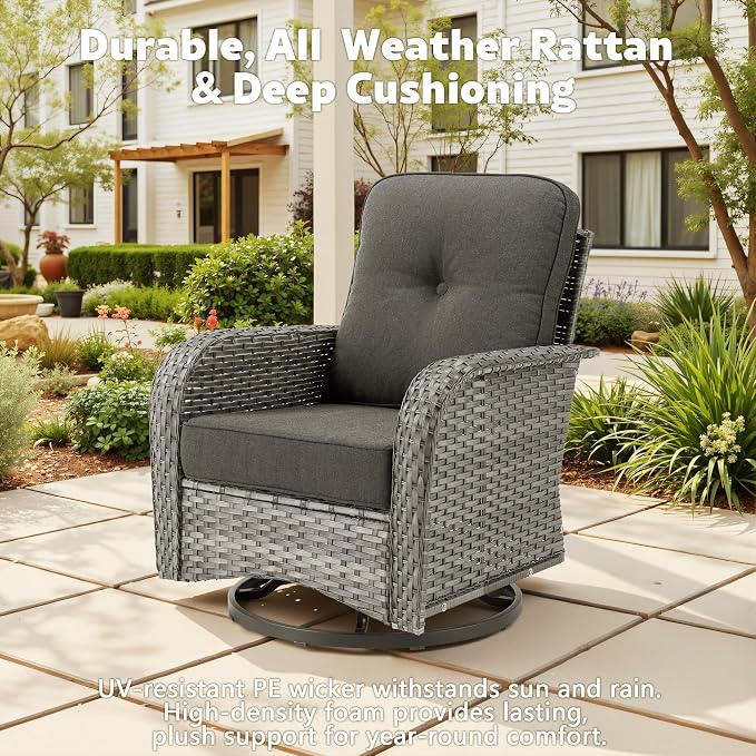 CAODOC Patio Furniture, All Weather Wicker 6 PCS Outdoor Sofa with High Back Swivel Rocker Chairs, Conversation Set with Solar Light Coffee Table,Light Rattan Black Cushion