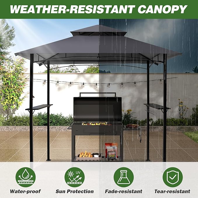 GARTOO 8'x5' Outdoor Grill Gazebo - Double Roof BBQ Gazebo Canopy with 2 Side Shelves and LED Lights, Patio BBQ Pergola Shelter for Garden, Porch and Backyard (Grey)