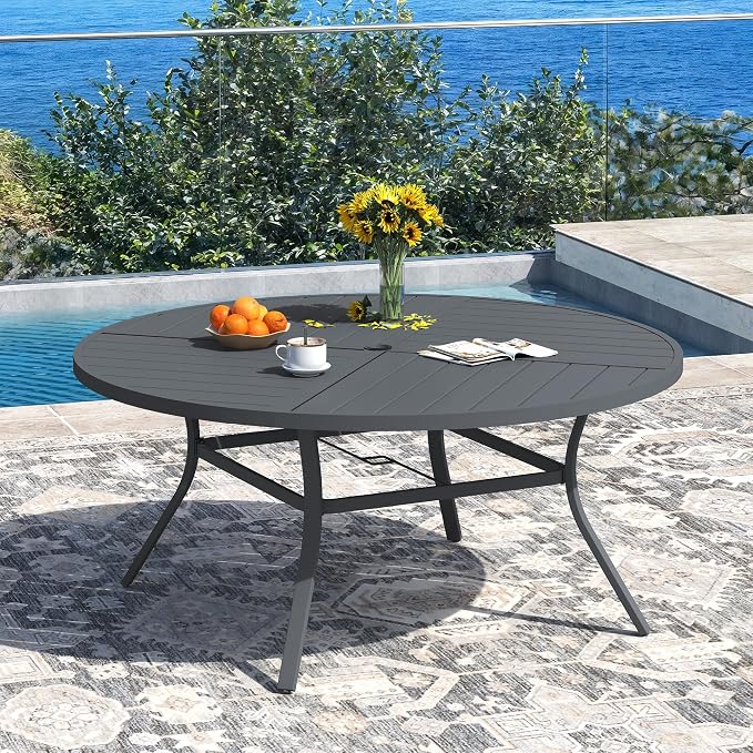 DIFY Patio Table and Chairs Set for 8, 9 Piece Outdoor Dining Set Includes 59.8" Round Metal Dining Table with Umbrella Hole and 8 Textilene Swivel Patio Chairs, for Garden Backyard Deck, Grey