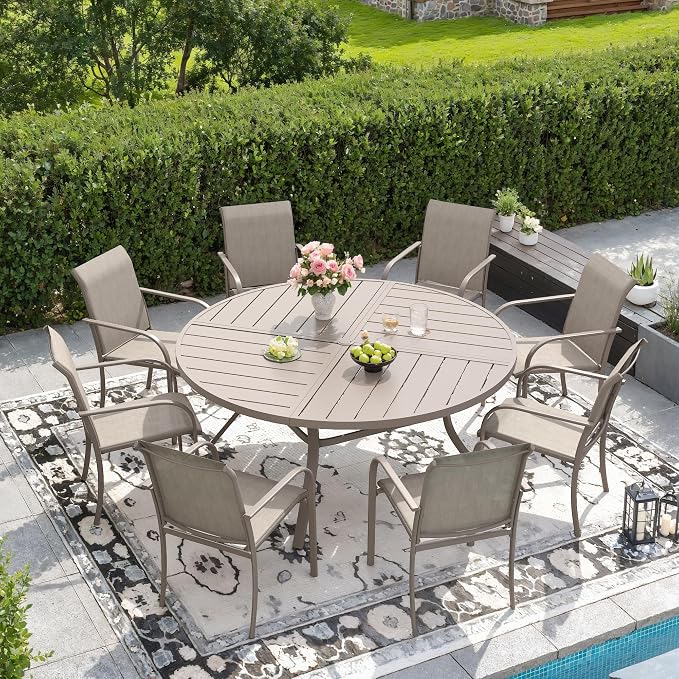 DIFY 9 Pieces Outdoor Patio Dining Set for 8, 53.1" Sandshell Round Metal Dining Table and 8 Sandshell Stackable Sling Dining Chairs, Outdoor Table and Chairs for Lawn Garden Backyard Deck